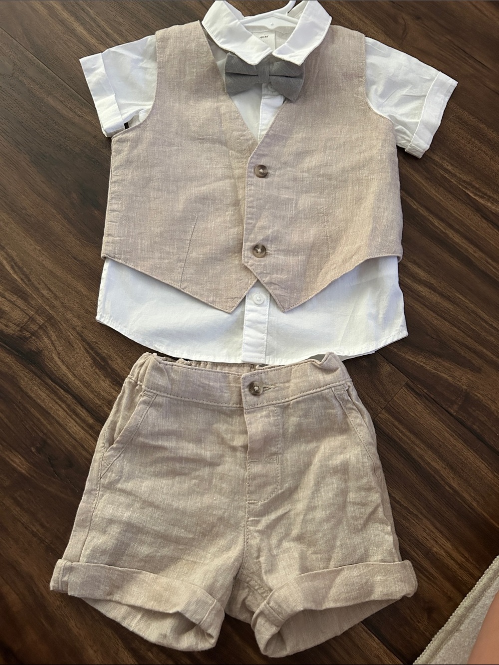 Kids Linen Vest & Shorts Set with White Shirt and Bow Tie - Beige